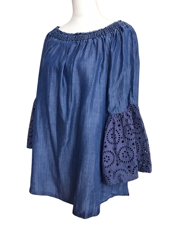 DG2 Diane Gilman Tops - DG2 Diane Gilman Blue Cotton Off The Shoulder Embroidered Bell Sleeve TOP NWT